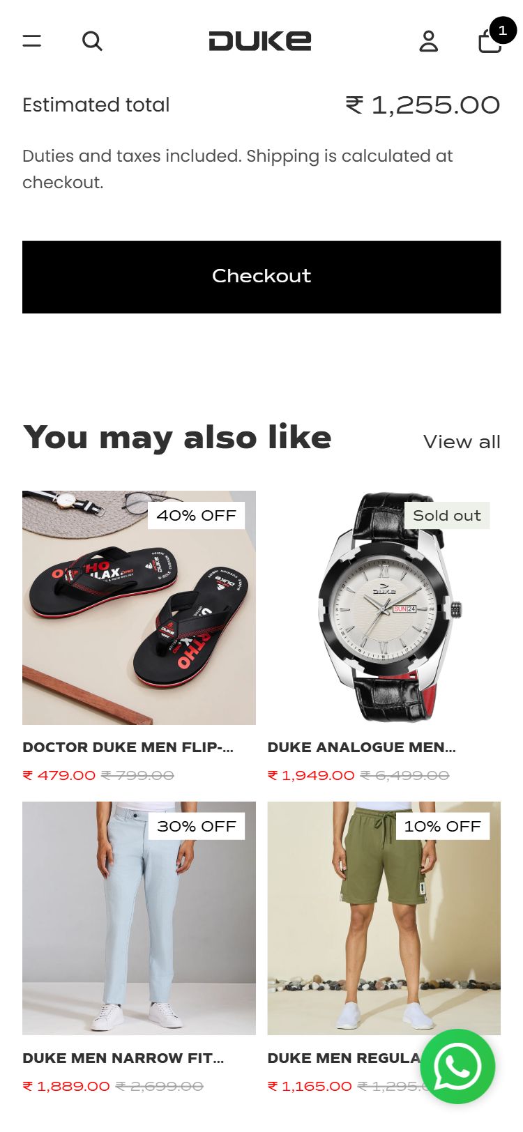 Duke India â€” Cart checkout area with no payment method icons or COD mention