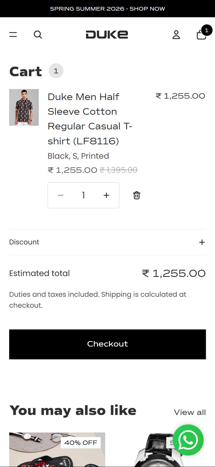Duke India â€” Cart page with no free shipping indicator
