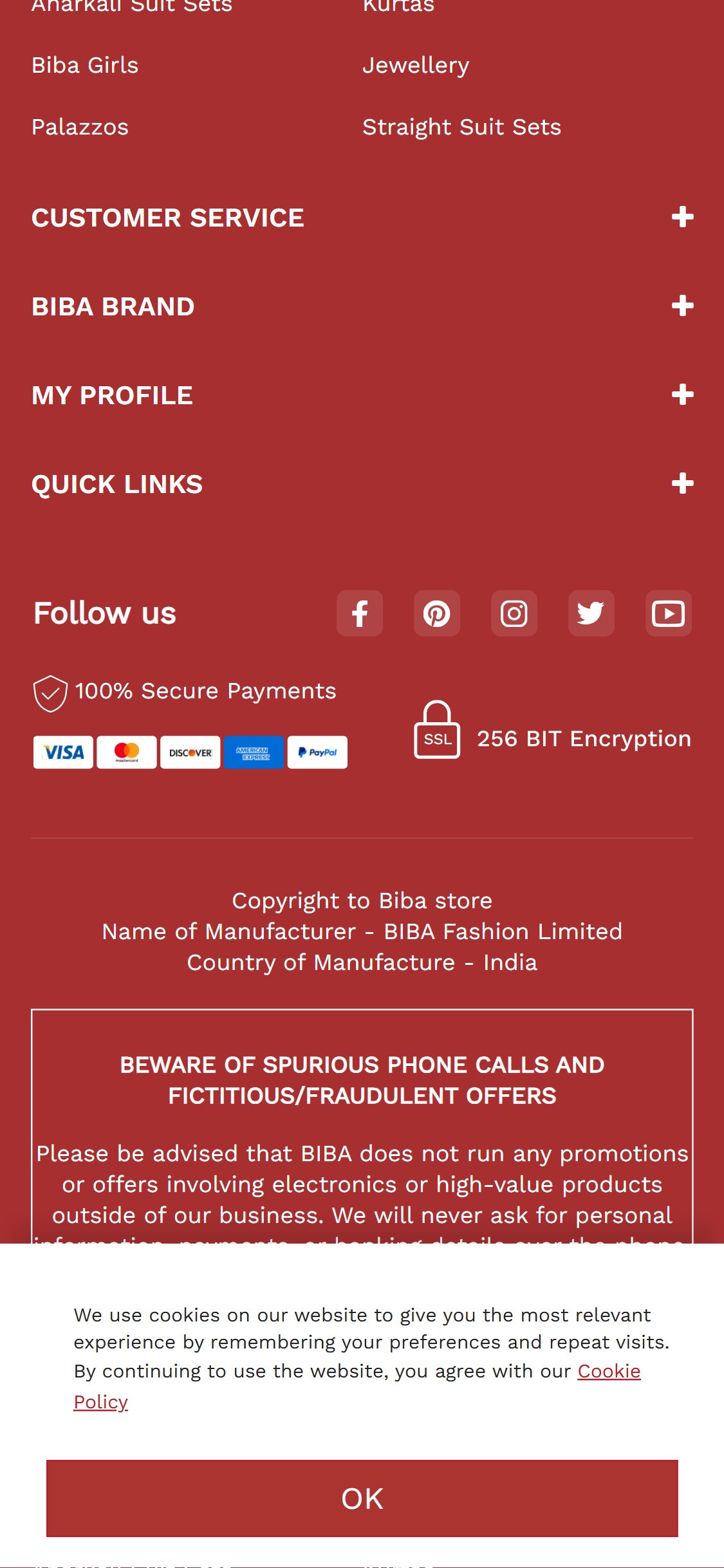 BIBA â€” Customer Reviews carousel section on homepage