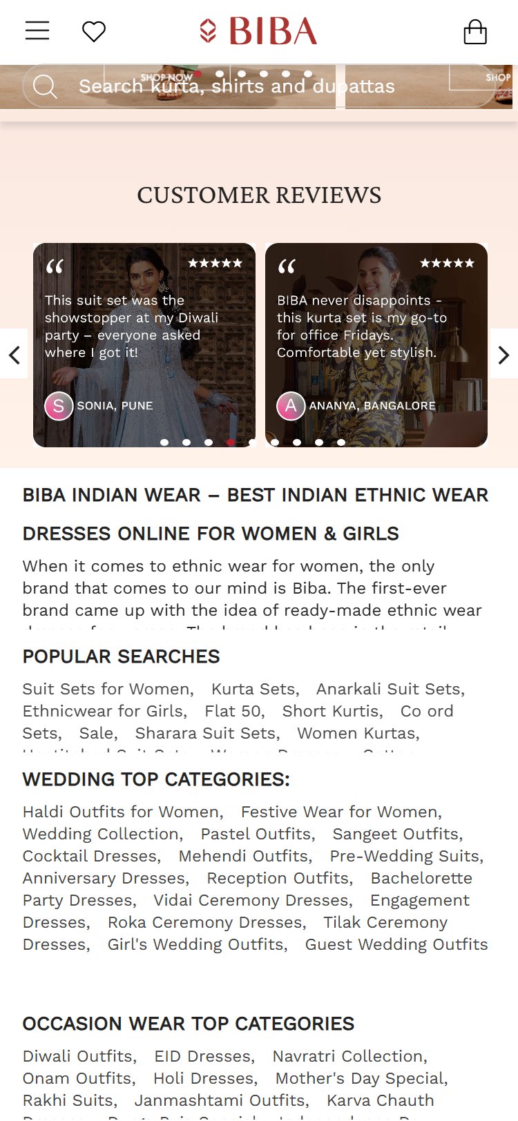 BIBA — Customer Reviews carousel section on homepage