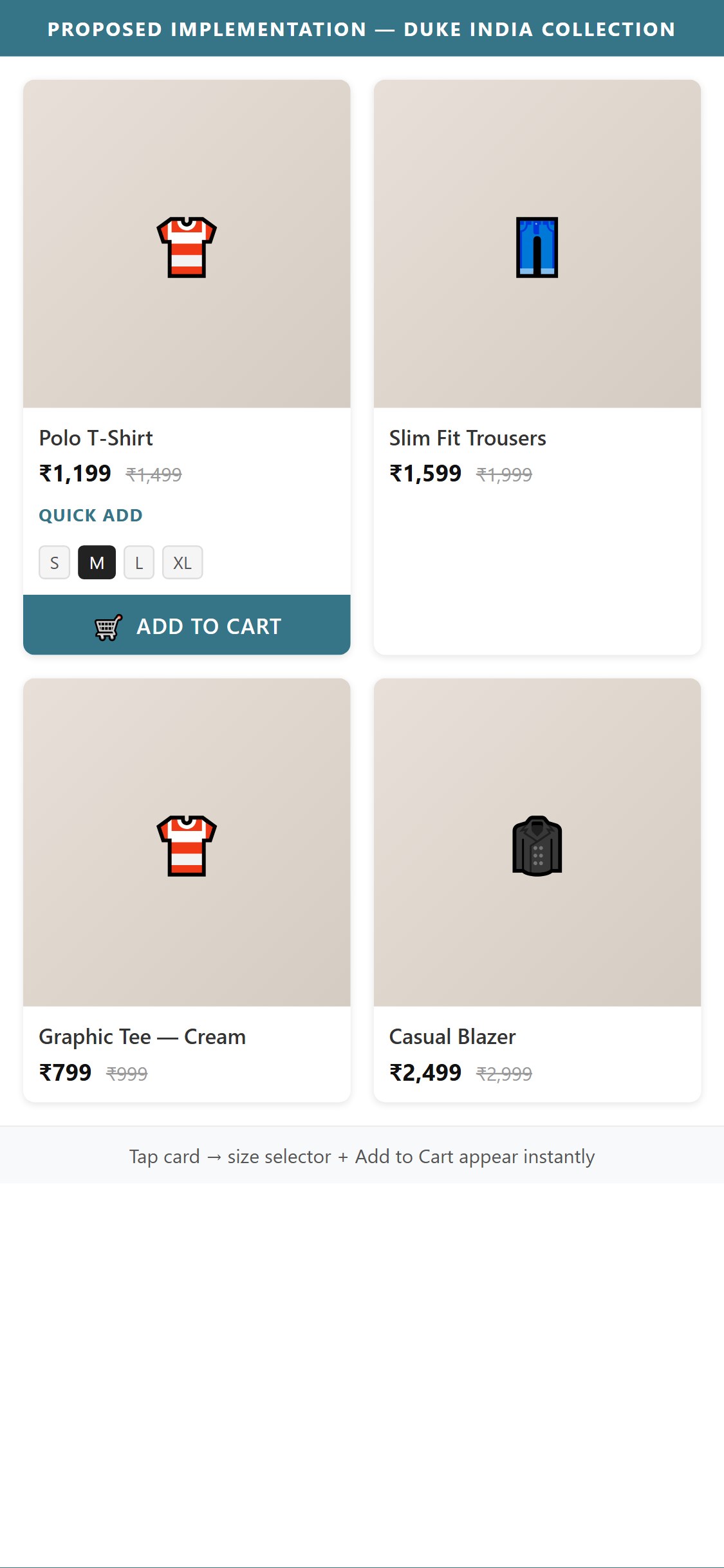 Proposed Implementation — Quick-add with size selector and Add to Cart