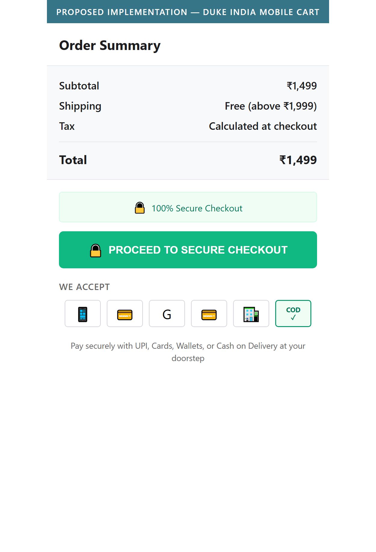 Proposed Implementation â€” Duke India Mobile Cart with payment method icons and COD badge