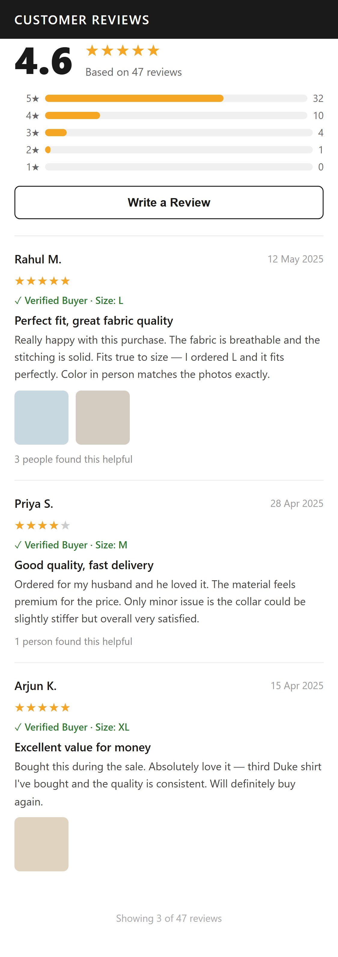 Best practice â€“ PDP reviews section with star rating summary (4.6/5), rating breakdown bars, verified buyer tags, size purchased, review text, and customer photos